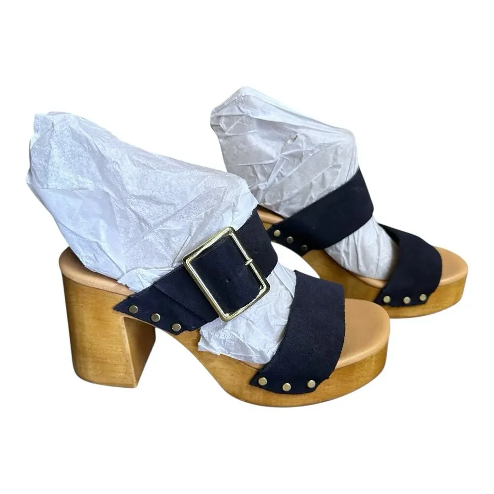 Avellini Navy Suede Leather Wooden Heels Sandals Heels Size US 7.5 Made in Italy